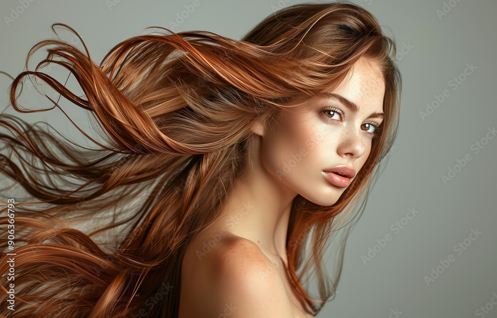 Posing young adult woman with beautiful natural long wavy red hair. Fashion make-up, clear fresh skin and curly hairstyle. Cosmetic, styling, shampoo, glance and hairdresser concept Posing young adult woman with beautiful natural long wavy red hair. Fashion make-up, clear fresh skin and curly hairstyle. Cosmetic, styling, shampoo, glance and hairdresser concept