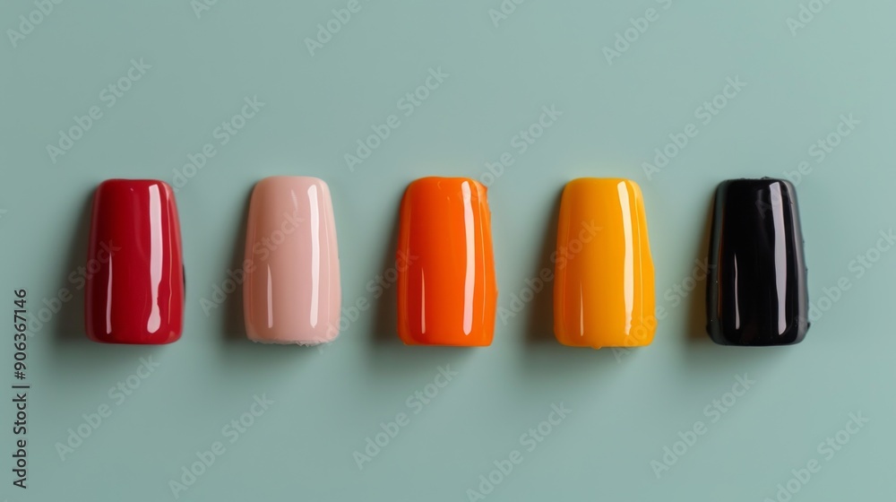 Colorful nail polish samples displayed on a light green background. A vibrant and stylish image showcasing different manicure options. Perfect for beauty and fashion-related content. AI Colorful nail polish samples displayed on a light green background. A vibrant and stylish image showcasing different manicure options. Perfect for beauty and fashion-related content. AI