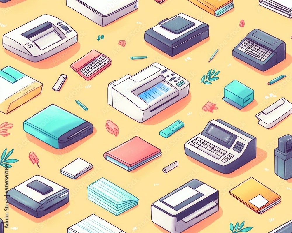 Sweet Pastel Pattern of Cartoon Printers, Fax Machines, and Files in a Whimsical Work Design Sweet Pastel Pattern of Cartoon Printers, Fax Machines, and Files in a Whimsical Work Design