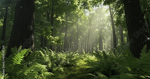 Design a serene background with a real forest scene, showcasing lush green trees and natural textures in high definition, ensuring a clean, noise-free presentation that evokes the tranquility 