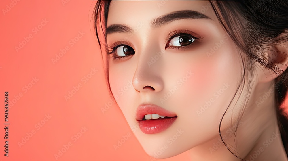 Close-up portrait of an Asian woman with flawless K-beauty makeup and radiant skin, highlighting her beauty Close-up portrait of an Asian woman with flawless K-beauty makeup and radiant skin, highlighting her beauty