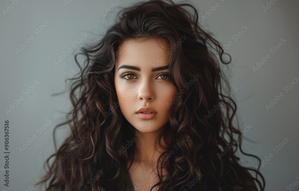Nice female model with fresh clean skin, natural makeup and long wavy hairstyle posing on studio background. Coiffure, cosmetic and hair care concept Nice female model with fresh clean skin, natural makeup and long wavy hairstyle posing on studio background. Coiffure, cosmetic and hair care concept