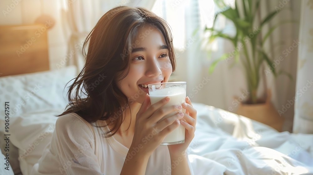 Beautiful beauty Asian woman cute girl feel happy drinking milk for good health in the morning enjoying time in her home white bedroom background lifestyle beauty woman concept : Generative AI Beautiful beauty Asian woman cute girl feel happy drinking milk for good health in the morning enjoying time in her home white bedroom background lifestyle beauty woman concept : Generative AI