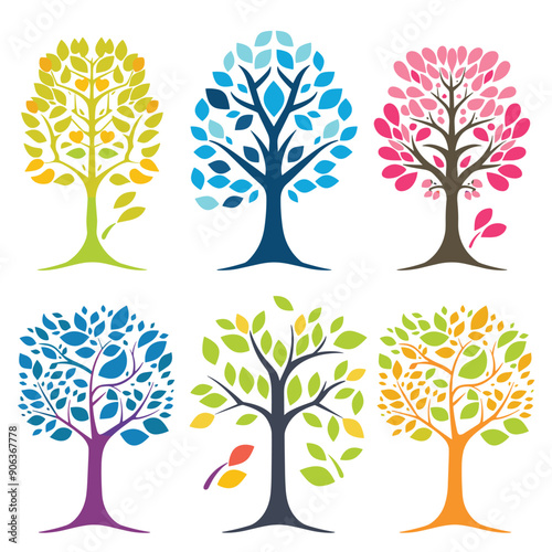 Set six colorful tree illustrations representing different seasons, tree displays leaves various shades indicative spring, summer, autumn, winter. Simplified, stylized design suitable educational