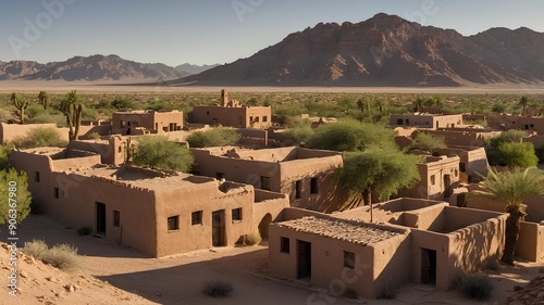 Traditional Desert Village. Creating an image of a traditional desert village, featuring adobe houses, and a community thriving in the arid environment. Discover the charm of desert villages. photo