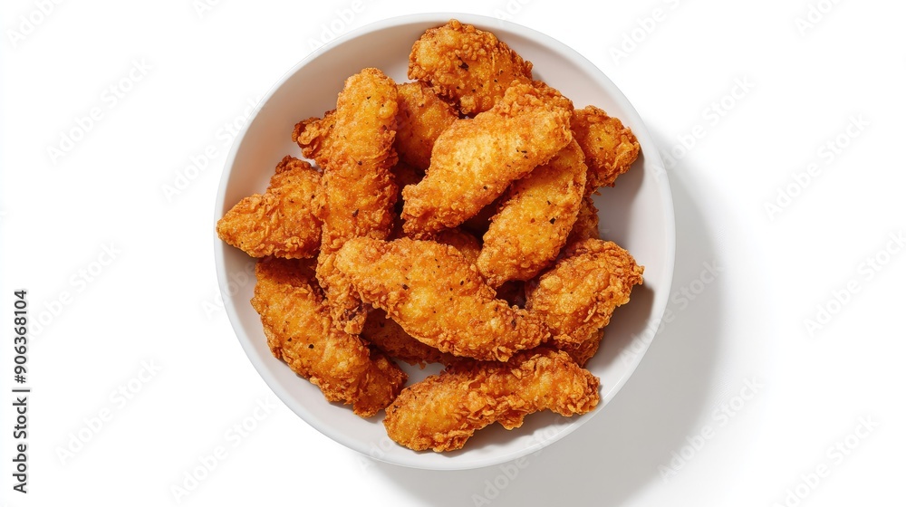 Crispy salmon fry viewed from above, set against a stark white background Crispy salmon fry viewed from above, set against a stark white background