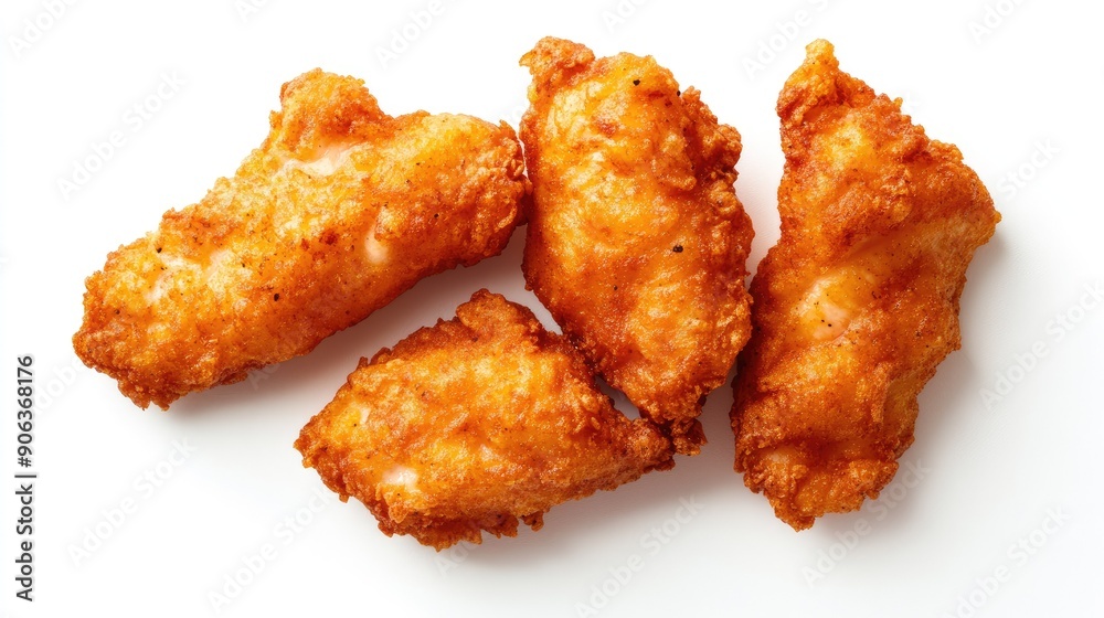 Delicious crispy salmon fry, seen from above, isolated against a white backdrop