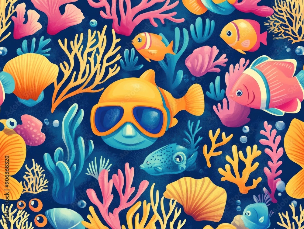Naklejka premium Dive into the Underwater World: Whimsical Cartoon Pattern of Pastel Diving Gear, Coral Reefs, and Fish in a Repetitive Design