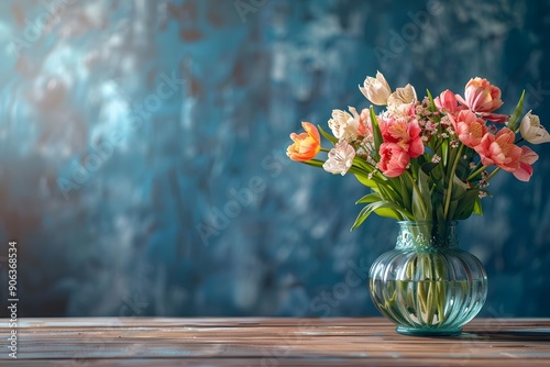 Wallpaper Mural Vibrant Floral Arrangement in a Glass Vase Against a Blue Background Torontodigital.ca