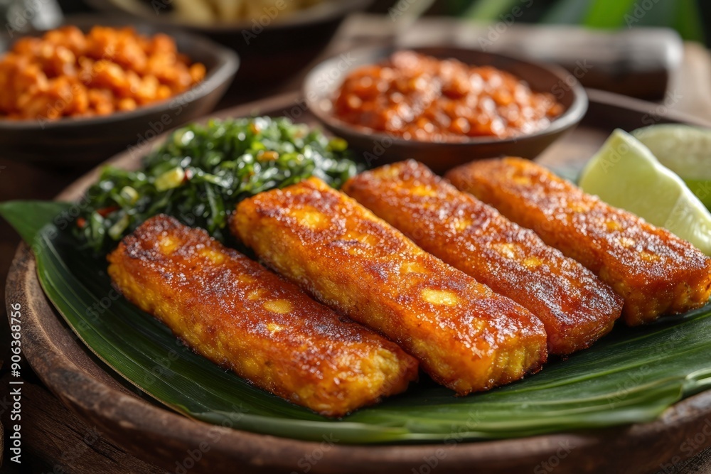 Fried Tofu with Glaze on a Banana Leaf Fried Tofu with Glaze on a Banana Leaf