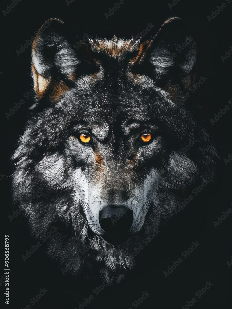 Close-up of a wolf with piercing yellow eyes in darkness Close-up of a wolf with piercing yellow eyes in darkness