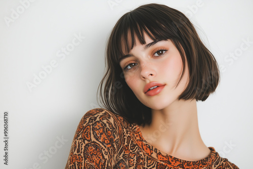 cute French bob hairstyle, on a brunette woman with bangs, wearing natural makeup and a brown patterned top, looking at the camera against a white background
