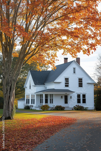 white New England home with an autumn maple tree in front, real estate