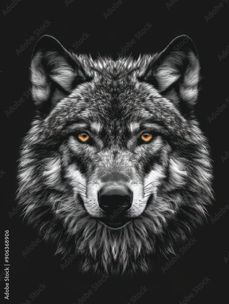 Grey wolf portrait with striking yellow eyes on black. Grey wolf portrait with striking yellow eyes on black.