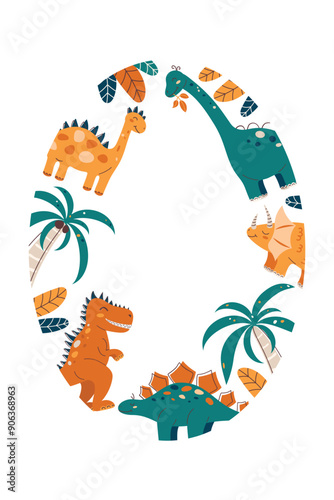 Vertical oval frame with cute dinosaurs. Dinosaur Kids Style. Cute character. Flat vector illustration.