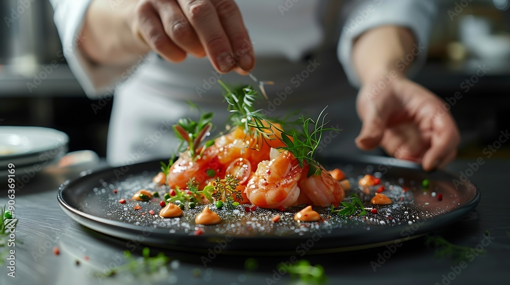 Chef presenting a gourmet dish with fresh ingredients on a black plate : Generative AI Chef presenting a gourmet dish with fresh ingredients on a black plate : Generative AI