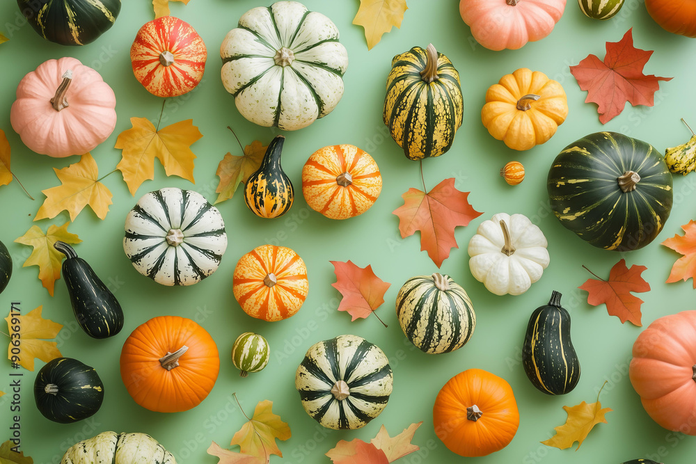 pattern of pumpkins and gourds and autumn leaves in various sizes on a solid green background, creating an elegant autumn-themed wallpaper, fall. thanksgiving,halloween pattern of pumpkins and gourds and autumn leaves in various sizes on a solid green background, creating an elegant autumn-themed wallpaper, fall. thanksgiving,halloween