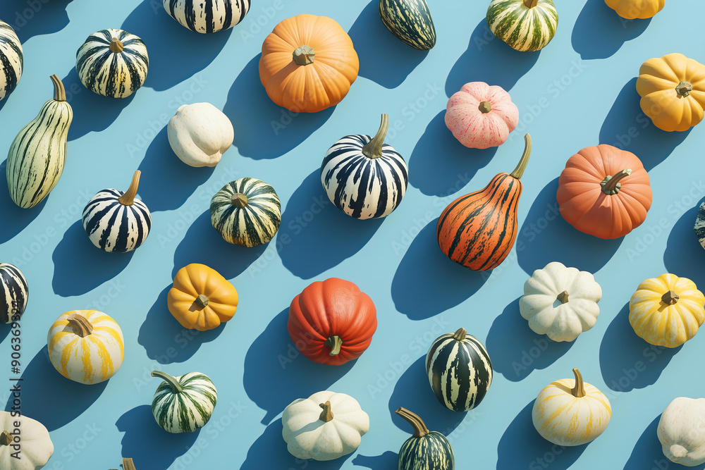 pattern of pumpkins and gourds in various sizes on a solid blue background, creating an elegant autumn wallpaper, fall halloween, thanksgiving pattern of pumpkins and gourds in various sizes on a solid blue background, creating an elegant autumn wallpaper, fall halloween, thanksgiving
