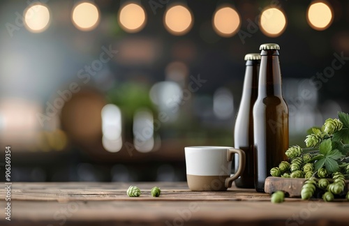 Cold Beer Glass With Bottles and Fresh Hops on Rustic Wooden Table