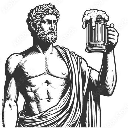 classical statue with beer glass cup sketch engraving generative ai fictional character vector illustration. Scratch board imitation. Black and white image.