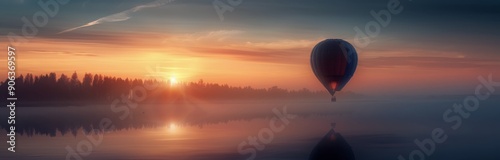 Hot Air Balloon Over Tranquil Lake at Sunrise With Misty Surroundings
