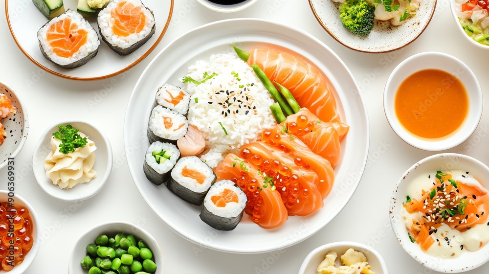 A vibrant and delicious sushi spread featuring salmon, sushi rolls, and sides, perfect for sushi lovers and food photography. A vibrant and delicious sushi spread featuring salmon, sushi rolls, and sides, perfect for sushi lovers and food photography.