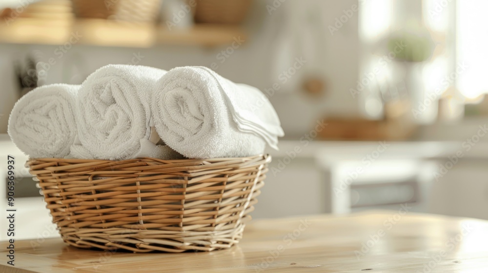 Basket of Fresh Towels in a Bright Kitchen Basket of Fresh Towels in a Bright Kitchen