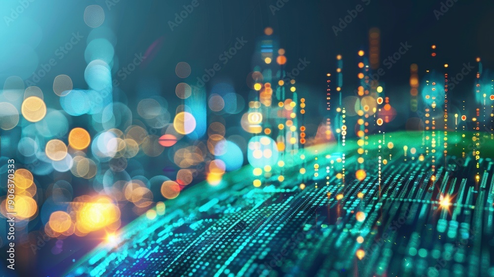 Fototapeta premium Abstract futuristic cityscape with glowing lights and circuit board texture. Perfect for technology, innovation, and urban themes.