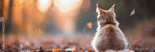 Orange Cat Sitting in Autumn Leaves During Sunset