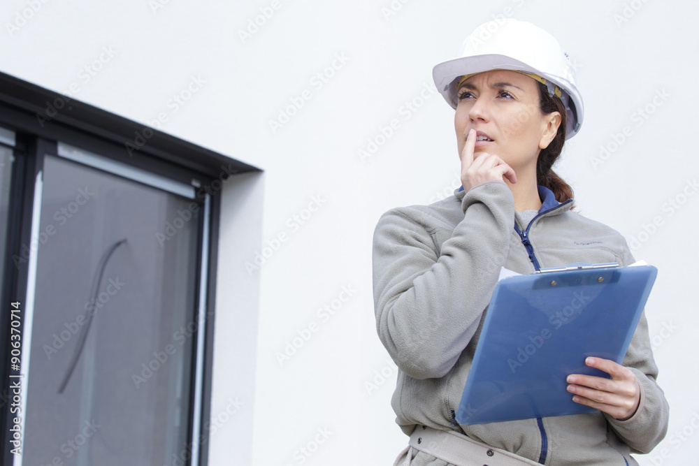 woman builder thinking of renovating new apartment woman builder thinking of renovating new apartment