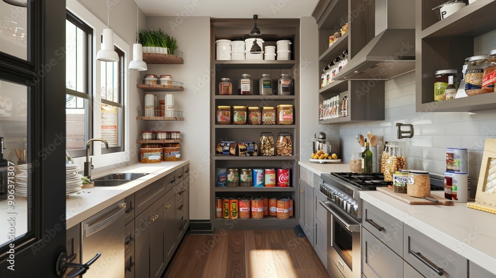 A kitchen with a large pantry stocked with organized shelves of canned goods, baking supplies, and kitchen essentials A kitchen with a large pantry stocked with organized shelves of canned goods, baking supplies, and kitchen essentials
