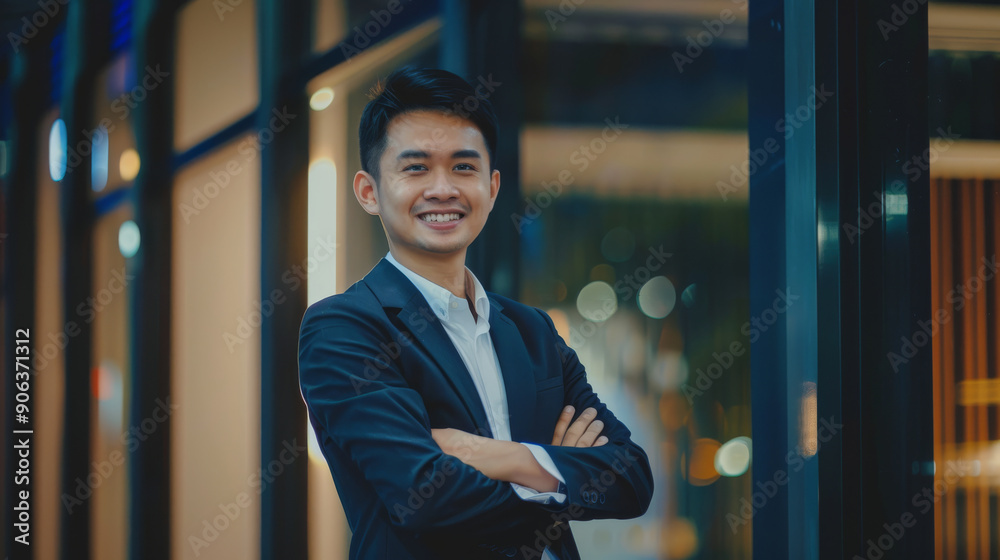 Fototapeta premium A young professional in a suit stands confidently with crossed arms in an urban setting with soft evening lights.