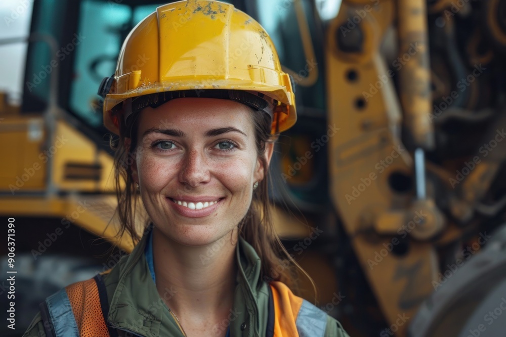 Woman worker in green uniform with yellow safety helmet Woman worker in green uniform with yellow safety helmet