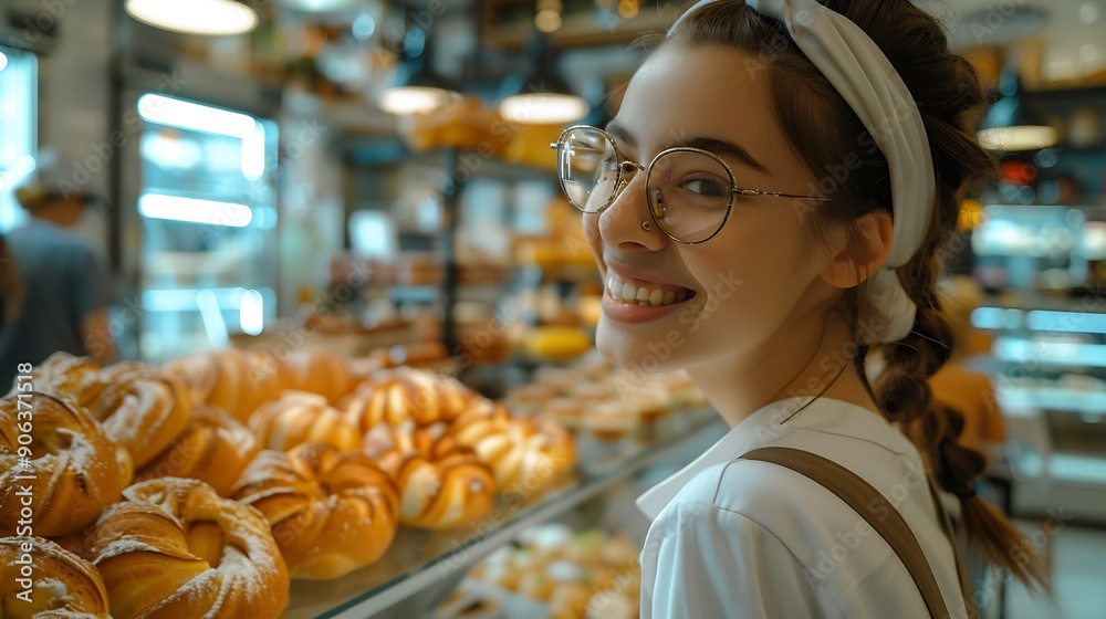 Beautiful young and happy female worker working in a modern bakery or fast food restaurant : Generative AI Beautiful young and happy female worker working in a modern bakery or fast food restaurant : Generative AI