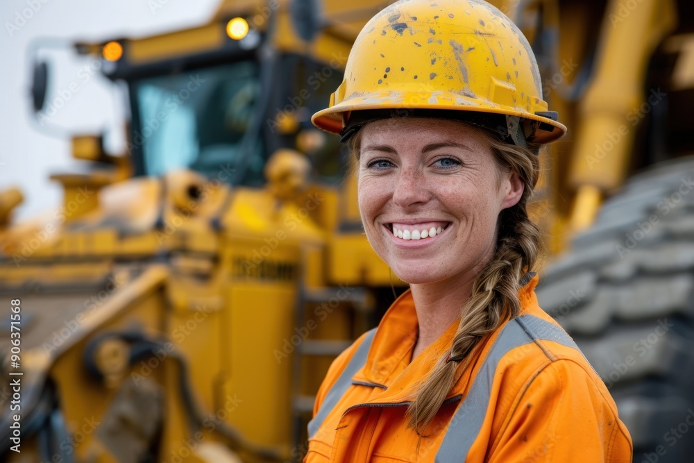 Happy female engineer with yellow helmet and big smile Happy female engineer with yellow helmet and big smile