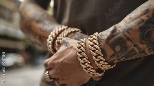 Gold Jewelry on a Tattooed Arm