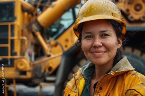 Serene female at construction site with machinery behind photo