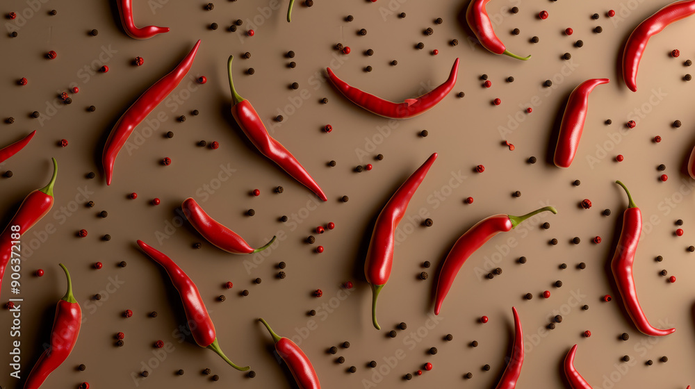 Vibrant red chilies and black peppercorns are artistically scattered on a light brown surface, showcasing a spicy and flavorful theme. Vibrant red chilies and black peppercorns are artistically scattered on a light brown surface, showcasing a spicy and flavorful theme.