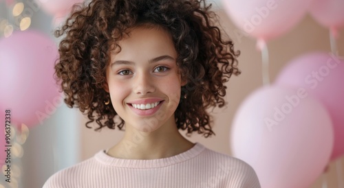 Smiling Young Girl With Curly Hair Surrounded By Pink Balloons In a Festive S...