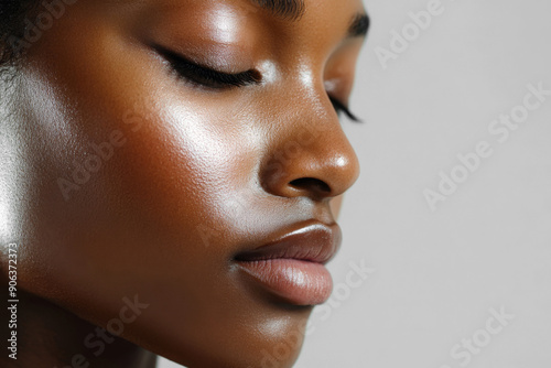 A close-up of a young African American woman with smooth skin and closed eyes, evoking a sense of calm and relaxation, emphasizing natural skincare photo
