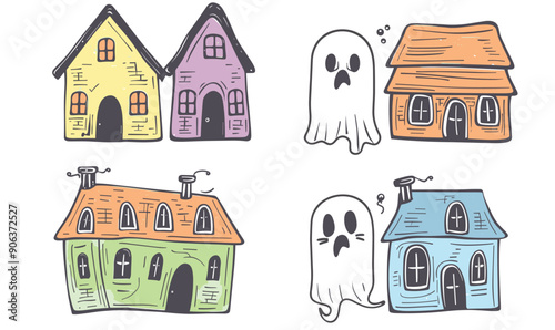 Four cartoonstyle houses ghosts, colors yellow, purple, orange, blue, playful haunted theme. Handdrawn illustrations spirited homes pair cute sheet ghosts, Halloween concept. Quirky doodle artwork