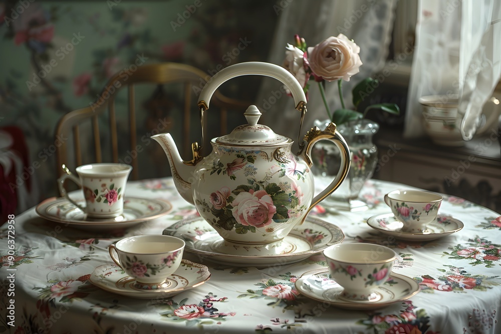 Fototapeta premium Elegant Vintage Tea Set on Floral Tablecloth with Delicate Rose Accents