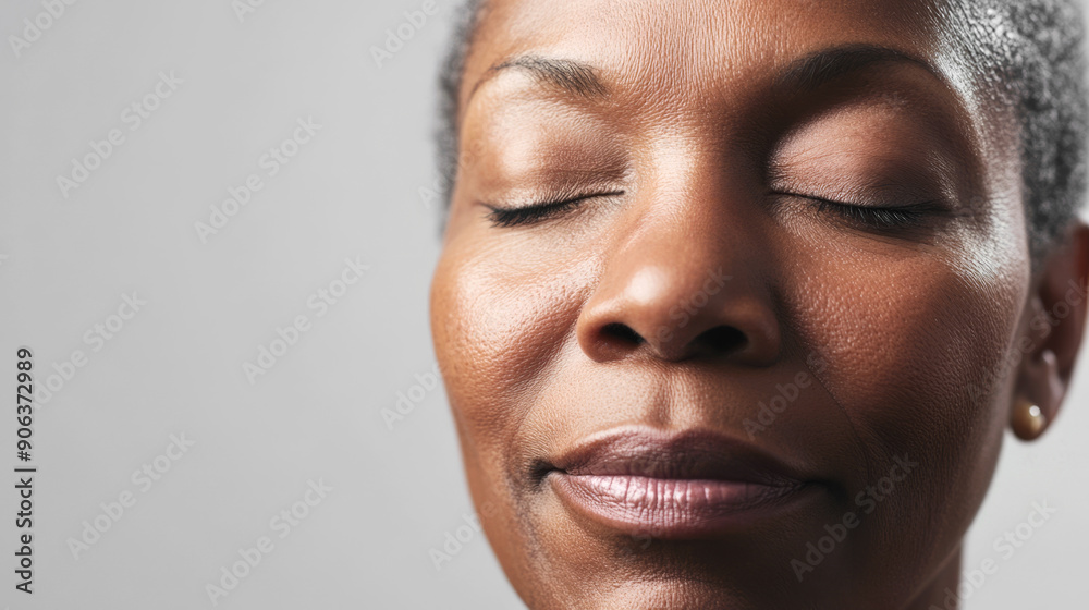 A close-up portrait of an African American woman with short curly hair, closed eyes, and a slight smile, expressing calmness and happiness, against a neutral gray background A close-up portrait of an African American woman with short curly hair, closed eyes, and a slight smile, expressing calmness and happiness, against a neutral gray background