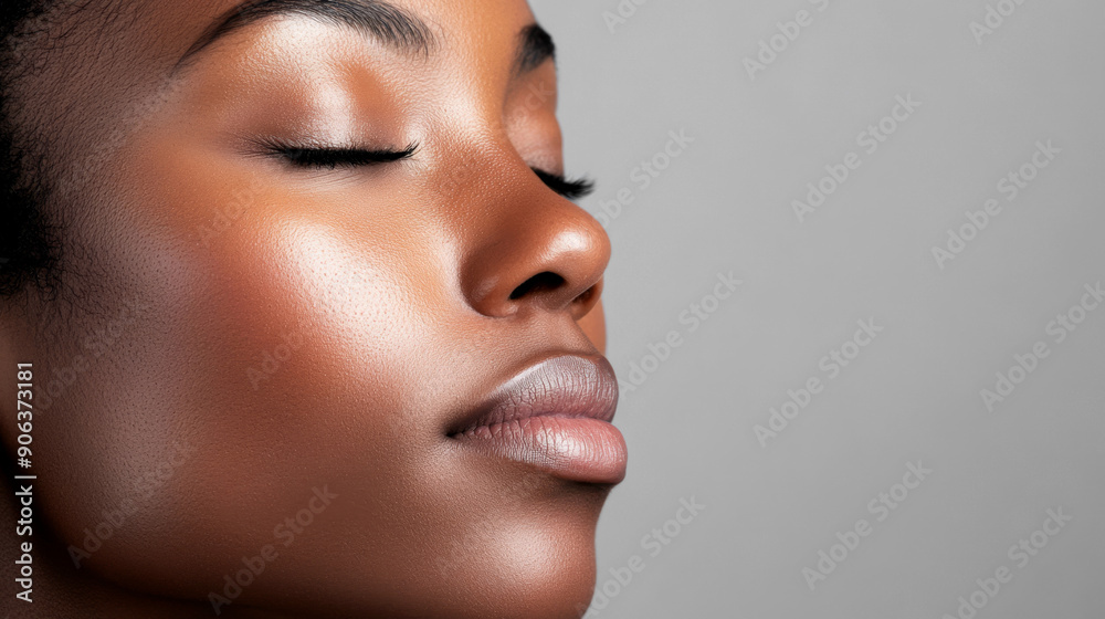 Close-up profile of a young African American woman with smooth, radiant skin and closed eyes, expressing calmness, on a neutral gray background Close-up profile of a young African American woman with smooth, radiant skin and closed eyes, expressing calmness, on a neutral gray background