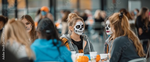 Women Participating in Halloween Celebration With Face Paint in a Festive Set...
