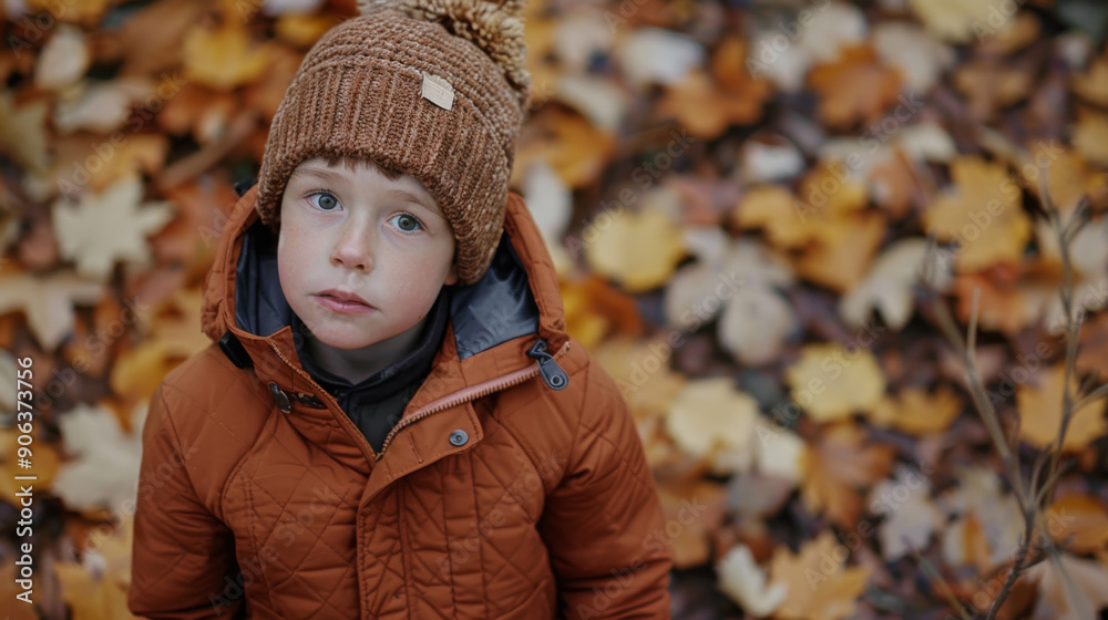 A young child in an orange coat and knit hat stands amidst fallen autumn leaves, gazing upwards with an innocent and thoughtful expression. A young child in an orange coat and knit hat stands amidst fallen autumn leaves, gazing upwards with an innocent and thoughtful expression.