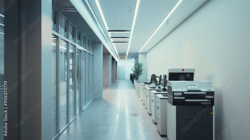 A long, empty hallway in an office building features a row of printers and copiers under bright linear lighting. A long, empty hallway in an office building features a row of printers and copiers under bright linear lighting.