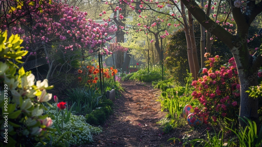 A peaceful Easter morning walk through a blooming garden, with birds singing and fresh spring air. A peaceful Easter morning walk through a blooming garden, with birds singing and fresh spring air.