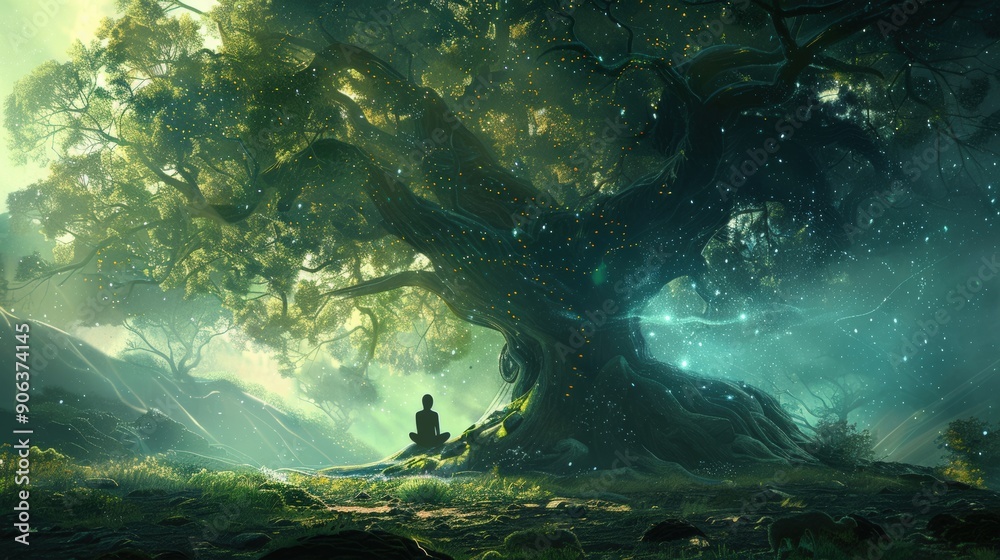 Fototapeta premium A person sits in meditation under a vast ancient tree, surrounded by nature's tranquility and soft light filtering through the leaves