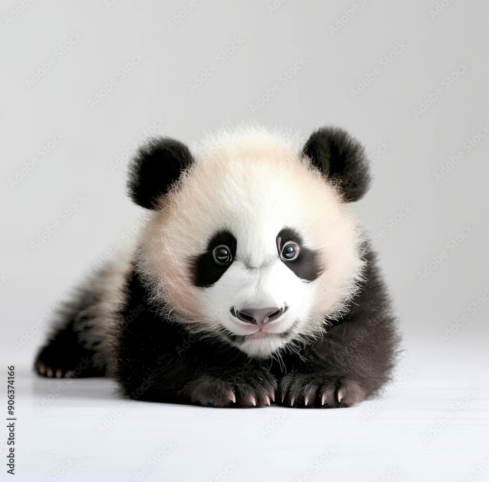 Naklejka premium Cute Baby Panda Playing Among Soft Leaves in Natural Habitat